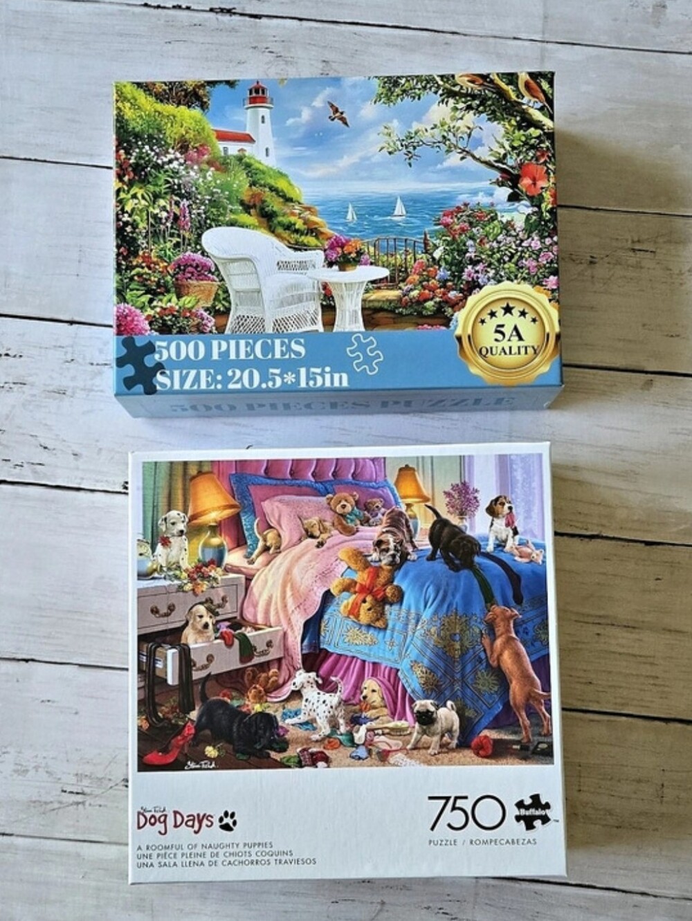 2 Puzzles - 750-Piece Dog Puzzle & 500-Piece Seaside Puzzle